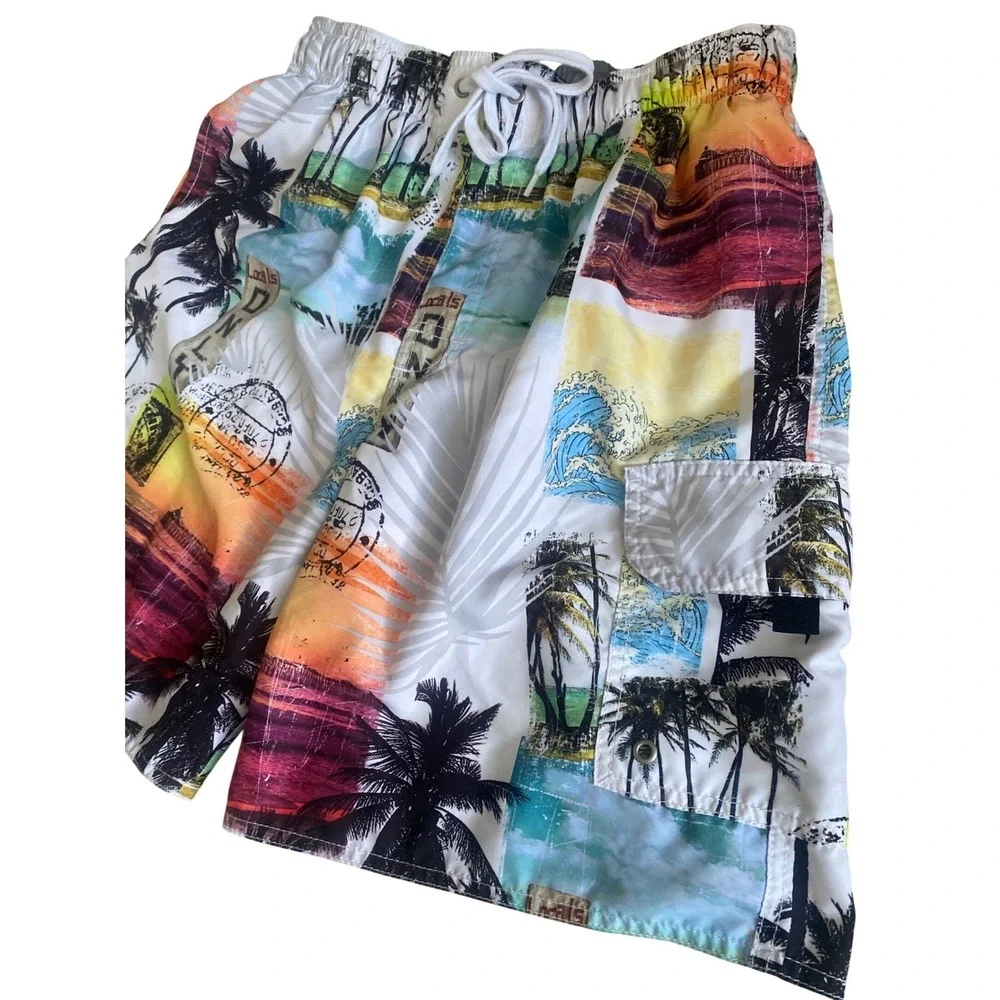 Croft‎ & Barrow Mens Tropical Postcard Palm Tree Swim Trunks Multicolor Medium